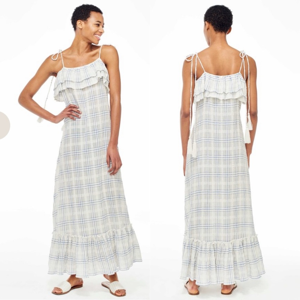 Antik Batik Blue and Cream Plaid Ruffle Maxi Dress